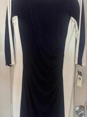 Lauren Ralph Lauren Dress Size 16 Navy White Ruched Sheath 3/4 Sleeve NWT